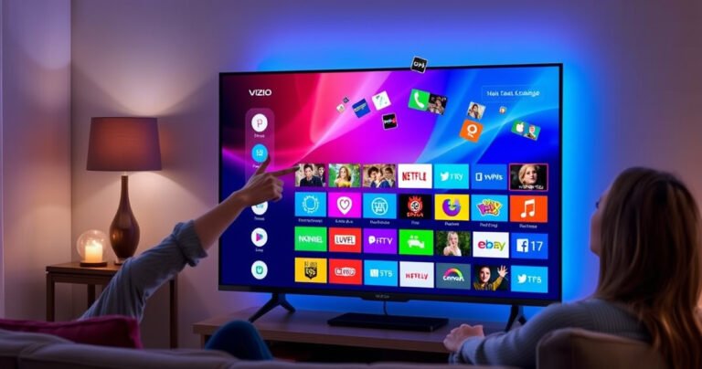 A sleek Vizio Smart TV displaying a vibrant, colorful app store interface, surrounded by a cozy living room setting. A person enthusiastically pointing at the screen, with various app icons floating around, representing entertainment, games, and streaming services. Soft ambient lighting and a comfortable couch enhance the inviting atmosphere, suggesting effortless technology integration in daily life.