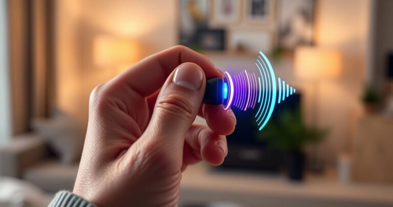 A close-up of a hand adjusting the volume on sleek, modern earbuds, with vibrant sound wave graphics emanating from them. The background features a cozy home setting with soft lighting, emphasizing a sense of comfort and ease. The earbuds glint in the light, showcasing their ergonomic design, surrounded by a faint aura of musical notes.