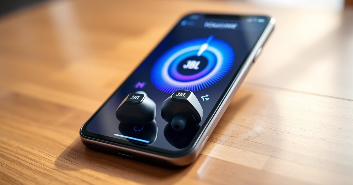 A close-up of sleek JBL earbuds resting on a wooden surface, surrounded by a glowing smartphone displaying a vibrant volume control interface. Brightly colored sound waves radiate outward, creating a dynamic energy. Soft natural light filters through, highlighting the earbuds' modern design and inviting users to explore the world of sound adjustment effortlessly.