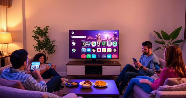 A cozy living room featuring a sleek Samsung Smart TV displaying a vibrant AirPlay interface, surrounded by a family happily interacting with their devices. A warm ambiance with soft lighting, plush couches, and decorative plants, emphasizing a seamless blend of technology and comfort. Include a coffee table with snacks, creating an inviting atmosphere.