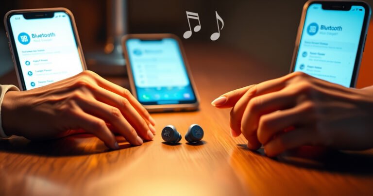 A close-up of vibrant JBL earbuds resting on a wooden table, surrounded by glowing smartphone screens displaying Bluetooth settings. Soft ambient light casts a warm glow, while a pair of hands elegantly gestures towards the earbuds, symbolizing connection. A subtle hint of music notes floats in the air, evoking a sense of harmony and technology.