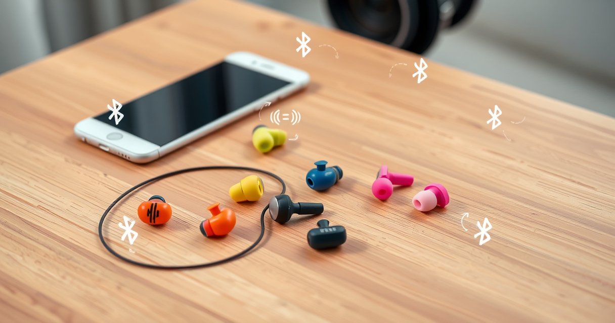 A vibrant flat lay of Skullcandy earbuds, displayed on a stylish wooden table next to a sleek smartphone. Bright colors pop against a soft, blurred background, with illustrated Bluetooth symbols and connection steps artistically arranged around the earbuds, creating a dynamic and engaging atmosphere that highlights technology and modern lifestyle.