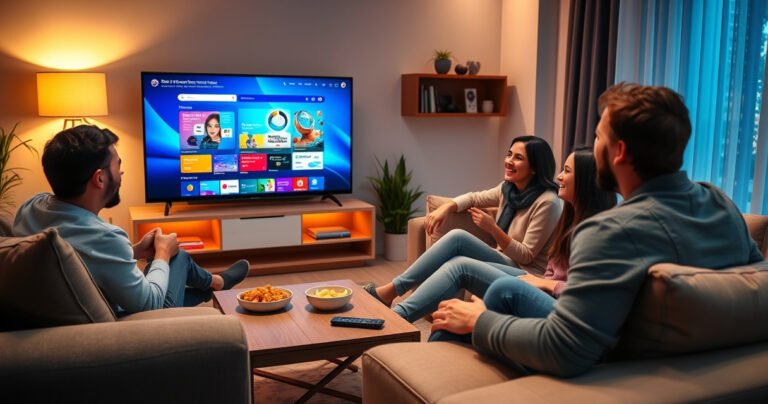 A cozy living room with a modern smart TV displaying a colorful web browser interface, a comfortable couch with plush cushions, a coffee table with snacks and a remote, warm ambient lighting casting a welcoming glow, family members engaged and laughing while exploring websites together, showcasing the ease and enjoyment of browsing the web on a smart TV.