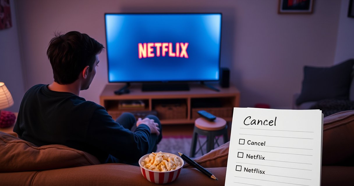 An anxious person sitting on a cozy couch, staring at a glowing smart TV displaying the Netflix logo, surrounded by popcorn and remote controls. A notepad and pen are nearby, with a checklist titled "Cancel Netflix" partially visible, highlighting the struggle of digital decision-making in a warm, inviting living room setting.