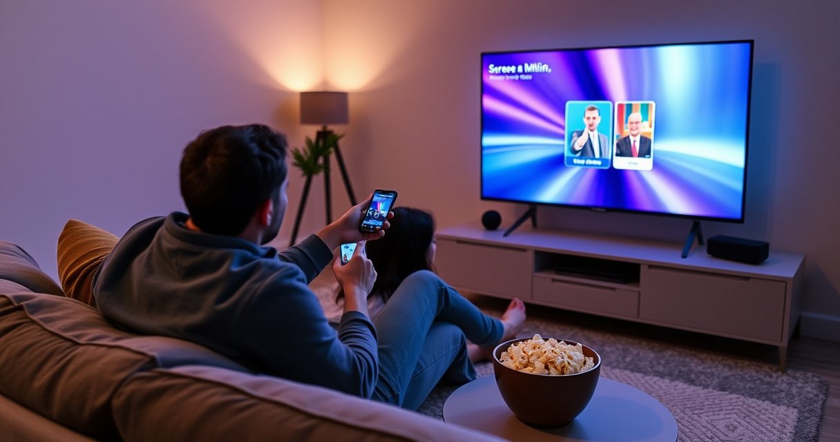 A cozy living room with a modern smart TV displaying a vibrant phone screen mirroring interface. A couple sits on a plush sofa, excitedly pointing at the TV while holding a smartphone. Soft lighting highlights sleek gadgets and a bowl of popcorn, creating an inviting atmosphere for tech-savvy viewers learning to connect their devices.