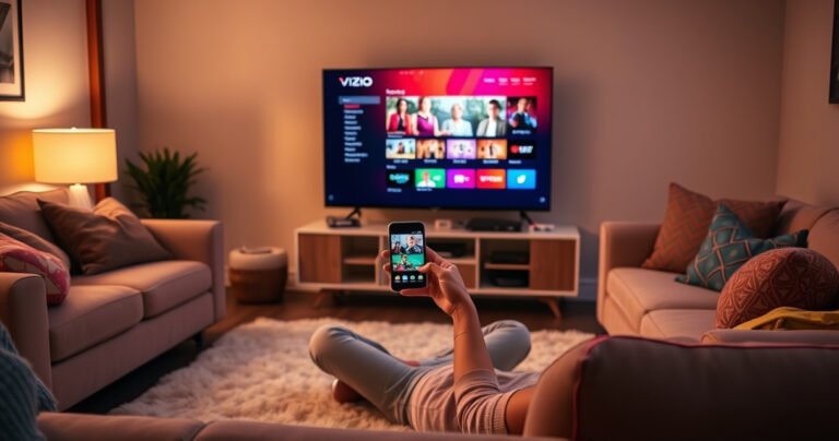 A cozy living room with a modern Vizio Smart TV displaying a vibrant streaming interface, surrounded by plush furniture. A person sits cross-legged on a soft rug, holding a smartphone with a casting app open. Warm, inviting lighting casts a glow, and colorful cushions add a touch of personality to the space.