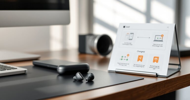 A sleek, modern workspace featuring a pair of Apple Pro Earbuds on a stylish desk. Nearby, a step-by-step illustrated guide showcasing simple, colorful icons demonstrating the changing process. Soft, natural light filters in, casting gentle shadows, with a subtle tech aesthetic in the background, creating an inviting and informative atmosphere.