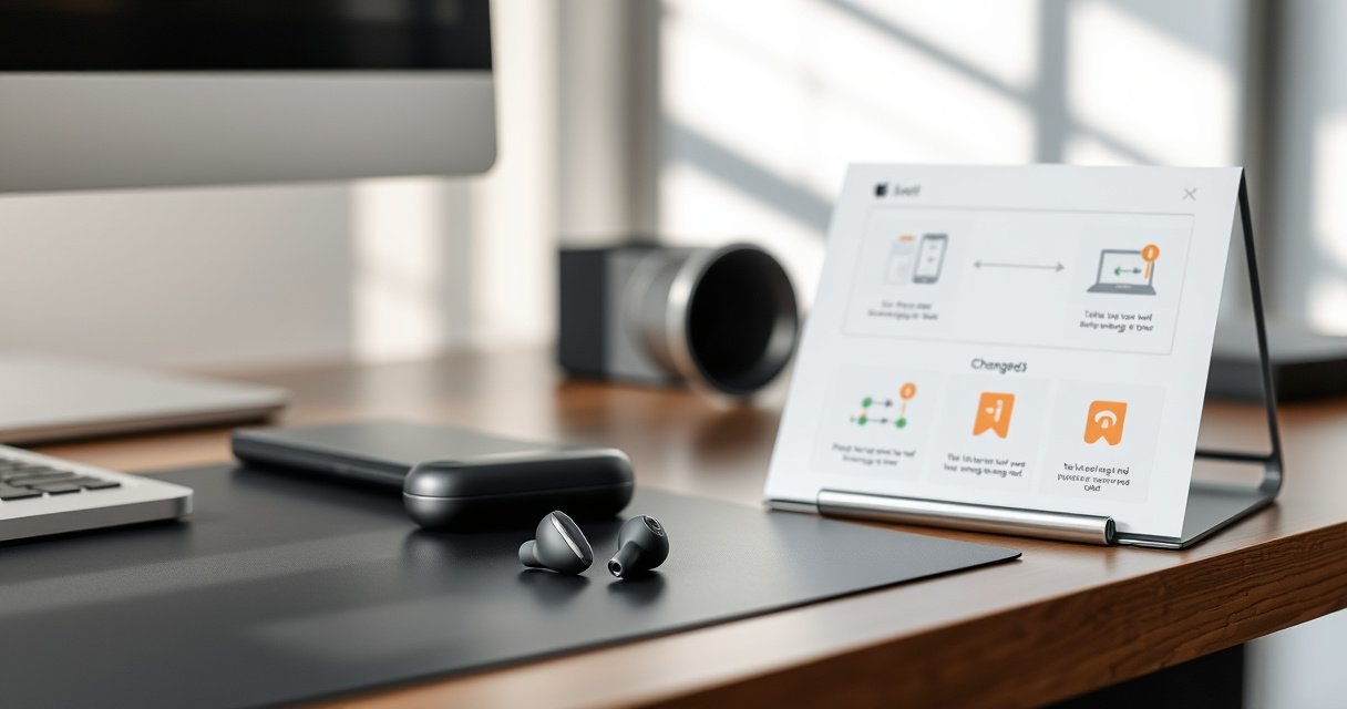 A sleek, modern workspace featuring a pair of Apple Pro Earbuds on a stylish desk. Nearby, a step-by-step illustrated guide showcasing simple, colorful icons demonstrating the changing process. Soft, natural light filters in, casting gentle shadows, with a subtle tech aesthetic in the background, creating an inviting and informative atmosphere.