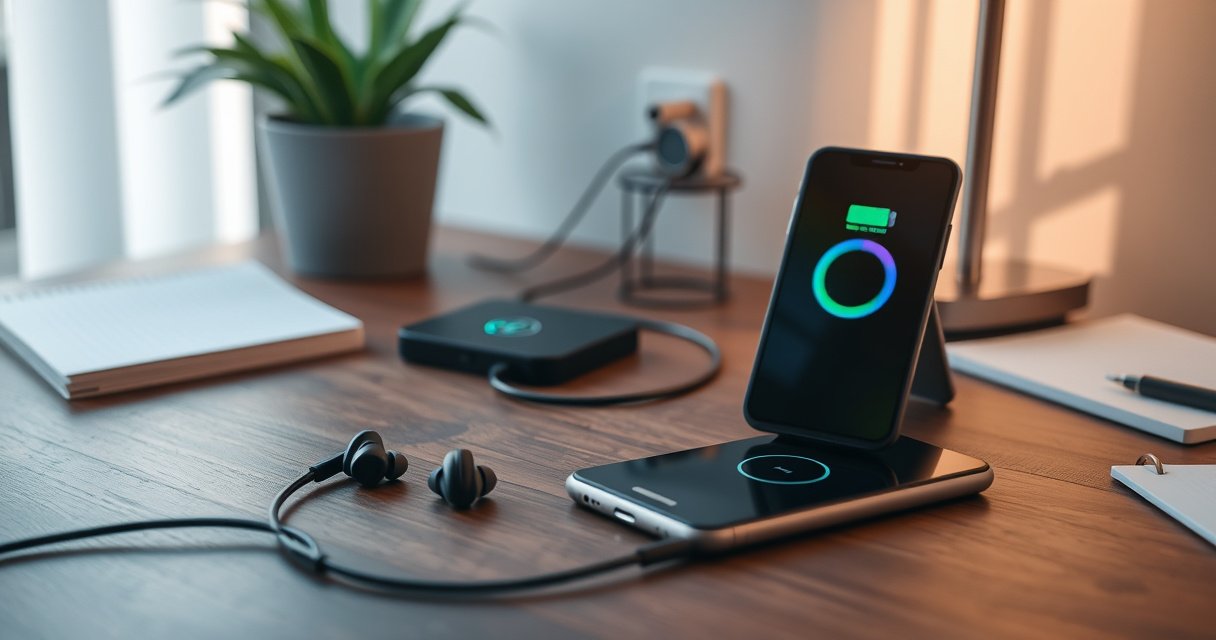 A cozy workspace featuring a modern charging station, sleek Bluetooth earbuds resting on a wooden desk, a vibrant power cable connecting to an elegant wall charger, soft natural light streaming through a nearby window, scattered notes and a smartphone displaying a charging animation, creating an inviting atmosphere for tech enthusiasts.