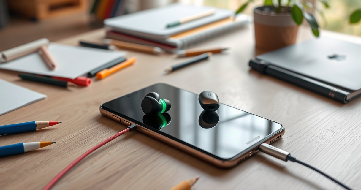 A sleek smartphone with a glowing battery indicator, effortlessly charging a pair of modern wireless earbuds through a vibrant cable. The background features a cozy workspace with soft natural light, colorful stationery scattered around, and a hint of greenery, creating a seamless blend of technology and everyday life, highlighting convenience and innovation.