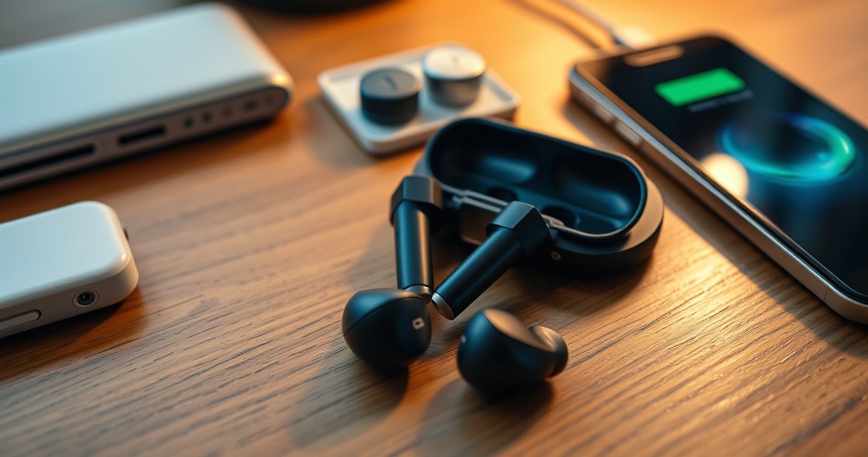 A close-up of wireless earbuds resting on a wooden table, surrounded by innovative charging methods like a small power bank, a DIY charging pad made from everyday items, and a smartphone wirelessly charging nearby, warm ambient light highlighting the tech-savvy atmosphere, suggesting creativity and problem-solving for charging without a case.
