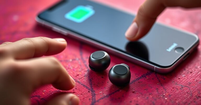 A close-up of a sleek pair of wireless earbuds resting on a vibrant, textured surface, with a soft glow highlighting their design. Nearby, a smartphone displays a battery indicator screen, and a hand is poised as if about to tap the screen, the background blurred to emphasize the earbuds and the tech interaction.