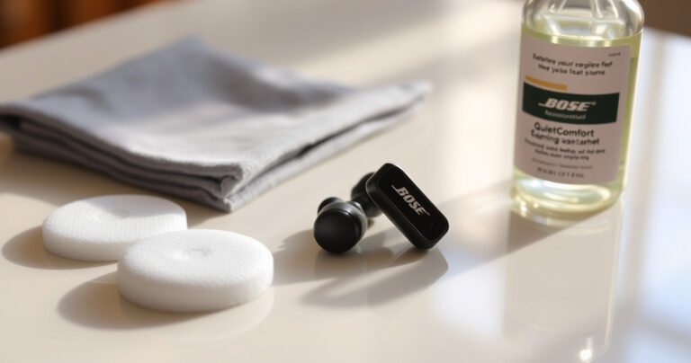 A close-up of sleek Bose QuietComfort earbuds resting on a clean, glossy surface, surrounded by gentle foam cleaning pads, a soft microfiber cloth, and a small bottle of safe cleaning solution. Warm, natural light illuminates the scene, highlighting the earbuds' elegant design and emphasizing a sense of cleanliness and careful maintenance.
