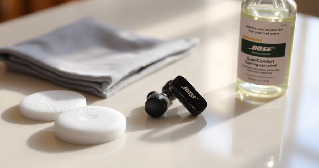 A close-up of sleek Bose QuietComfort earbuds resting on a clean, glossy surface, surrounded by gentle foam cleaning pads, a soft microfiber cloth, and a small bottle of safe cleaning solution. Warm, natural light illuminates the scene, highlighting the earbuds' elegant design and emphasizing a sense of cleanliness and careful maintenance.
