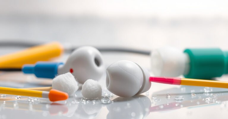 A close-up of pristine, gleaming earbuds surrounded by tiny, vibrant tools like cotton swabs and brushes, set against a sparkling clean surface. In the background, a soft, blurred image of water droplets and gentle light creates a refreshing atmosphere, emphasizing cleanliness and care in maintaining audio devices, with specks of ear wax subtly highlighted for context.