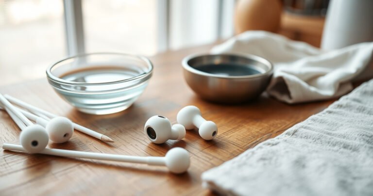 A close-up of a pair of sleek, modern earbuds resting on a wooden table, surrounded by cotton swabs, a small bowl of warm soapy water, and a soft cloth. Bright natural light filters through a nearby window, illuminating the gentle texture of the earbuds and the tools, evoking a clean, refreshing atmosphere.