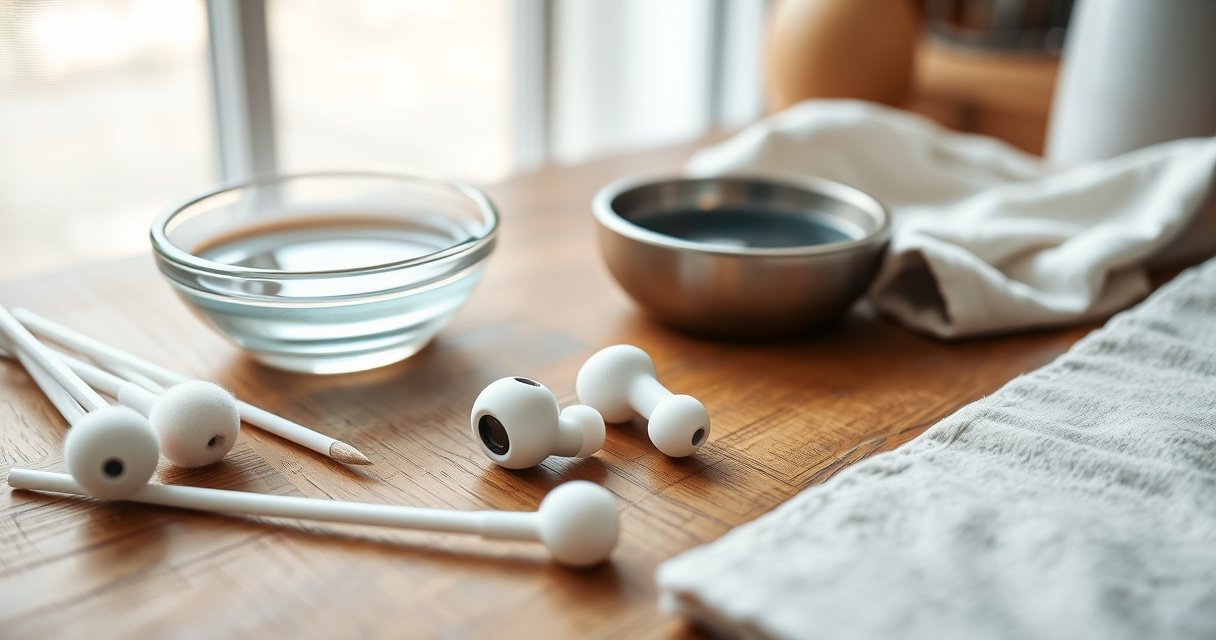 A close-up of a pair of sleek, modern earbuds resting on a wooden table, surrounded by cotton swabs, a small bowl of warm soapy water, and a soft cloth. Bright natural light filters through a nearby window, illuminating the gentle texture of the earbuds and the tools, evoking a clean, refreshing atmosphere.