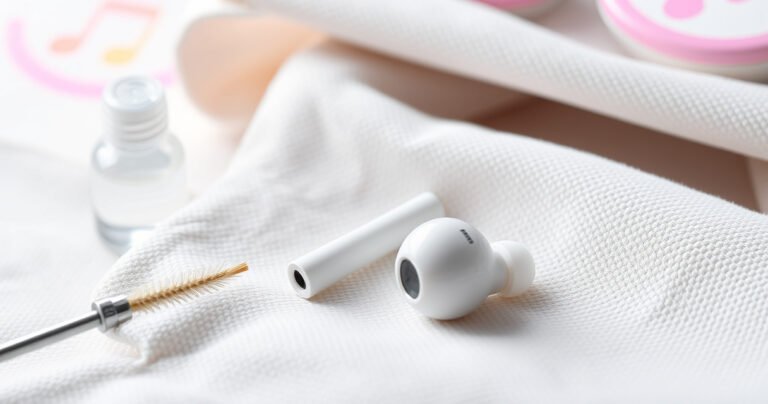 A close-up of pristine, gleaming earbuds resting on a soft, textured cloth, surrounded by gentle swirls of colorful sound waves. Nearby, a tiny cleaning brush and isopropyl alcohol sit, hinting at the meticulous cleaning process. A bright, airy background enhances the focus on the earbuds, inviting clarity and freshness in sound.