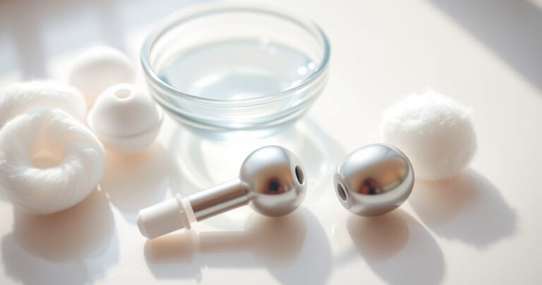 A close-up of a pair of shiny, modern earbuds resting on a clean, white surface, surrounded by soft, fluffy cotton swabs and a small bowl of soapy water. Soft natural light filters through, highlighting the earbuds' sleek design, while gentle bubbles rise, suggesting a fresh, thorough cleaning process.