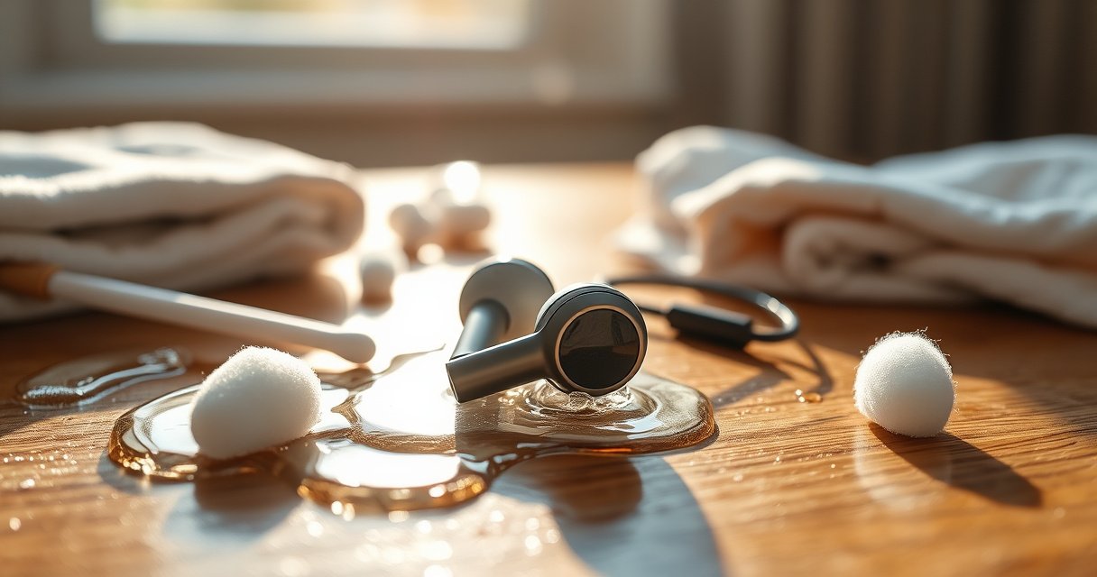 A close-up of a pair of sleek, modern earbuds resting on a wooden table, surrounded by gentle splashes of soapy water, cotton swabs, and soft cloths. Bright sunlight filters through a nearby window, casting a warm glow, while tiny droplets of water cling to the earbuds, emphasizing cleanliness and meticulous care.