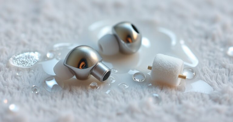 A close-up view of shiny, clean earbuds resting on a soft, plush surface, surrounded by gentle waves of soapy bubbles, sparkling water droplets, and tiny cotton swabs, with a faint glow highlighting the earbuds’ intricate details, creating a serene and soothing atmosphere that conveys cleanliness and care in maintaining personal audio devices.
