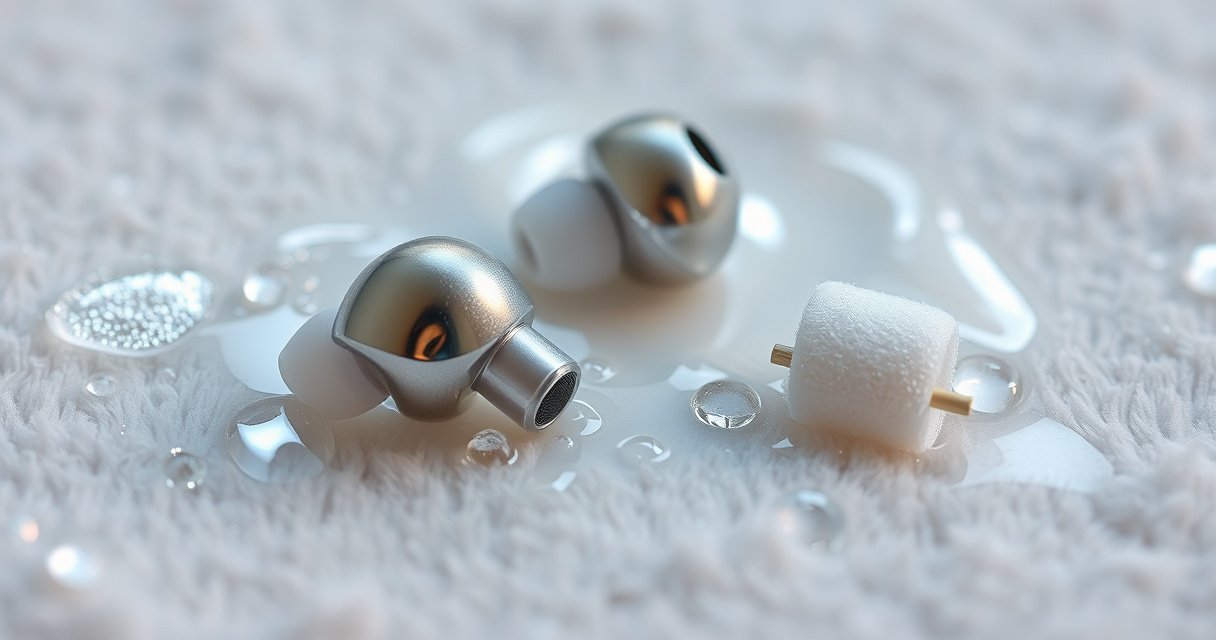 A close-up view of shiny, clean earbuds resting on a soft, plush surface, surrounded by gentle waves of soapy bubbles, sparkling water droplets, and tiny cotton swabs, with a faint glow highlighting the earbuds’ intricate details, creating a serene and soothing atmosphere that conveys cleanliness and care in maintaining personal audio devices.