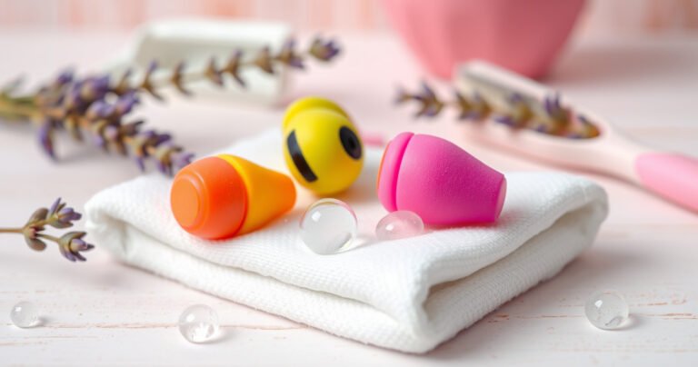 A close-up of vibrant foam earbuds resting on a clean, white cotton cloth, surrounded by gentle bubbles and natural cleaning supplies like a sprig of lavender and a soft toothbrush. The background features a serene workspace with pastel colors, creating a fresh and inviting atmosphere that emphasizes cleanliness and care for personal audio devices.