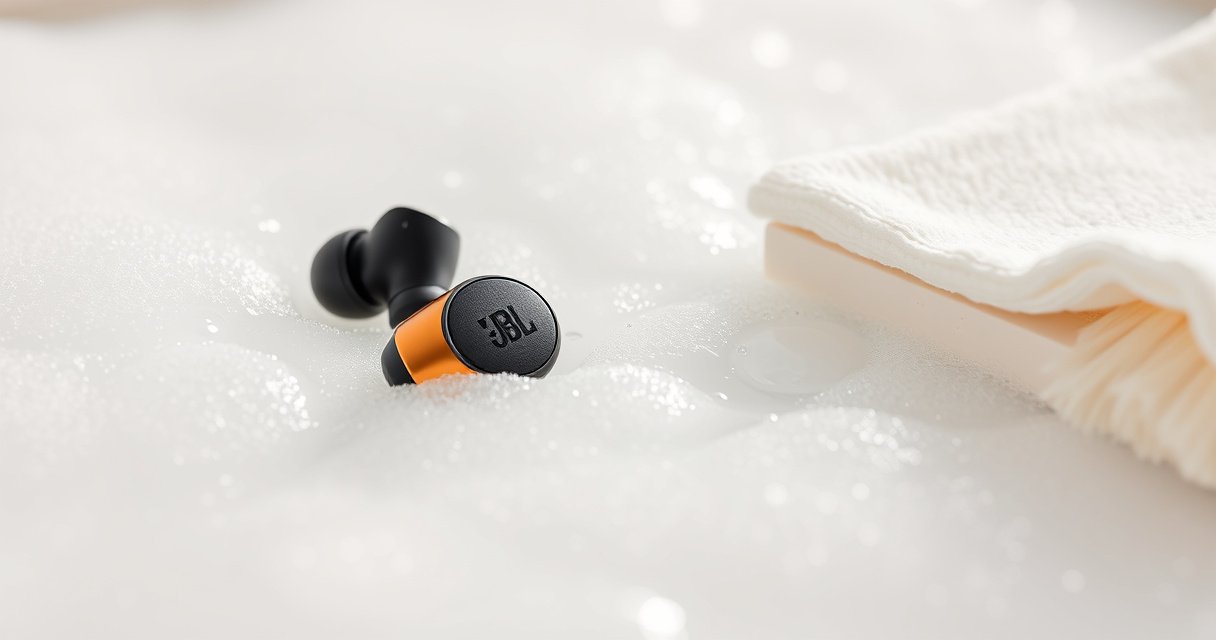 A close-up of sparkling clean JBL earbuds resting on a bright white towel, surrounded by a soft, soothing bubble bath. Delicate spray of water droplets glisten in the light, while gentle cleaning tools like a soft brush and microfiber cloth are neatly arranged nearby, conveying a sense of freshness and care in a minimalist, clean aesthetic.