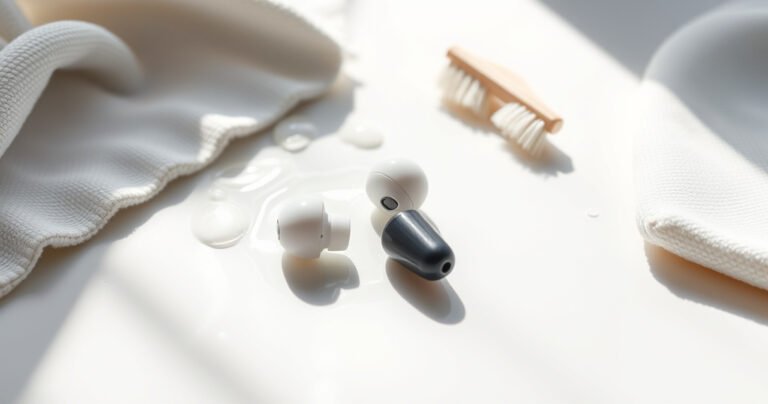 A close-up view of glistening rubber earbuds resting on a pristine white surface, surrounded by gentle splashes of soapy water, soft microfiber cloths, and tiny brushes. Sunlight filters through, creating delicate reflections and highlighting the meticulous cleaning process, evoking a sense of freshness and care in a minimalist, serene setting.