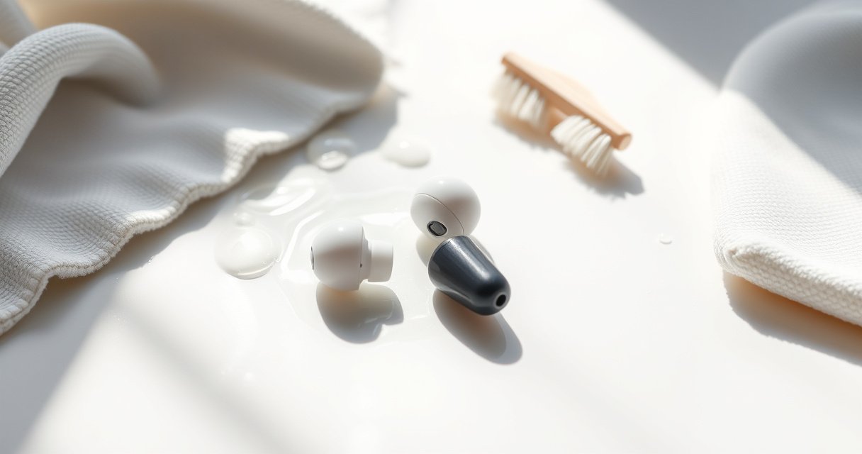 A close-up view of glistening rubber earbuds resting on a pristine white surface, surrounded by gentle splashes of soapy water, soft microfiber cloths, and tiny brushes. Sunlight filters through, creating delicate reflections and highlighting the meticulous cleaning process, evoking a sense of freshness and care in a minimalist, serene setting.