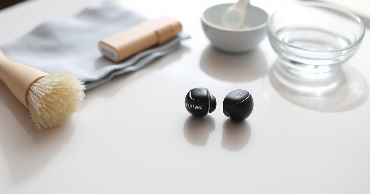 A close-up of a pair of Samsung earbuds on a sleek, white surface, surrounded by cleaning tools like a soft brush, microfiber cloth, and a small bowl of gentle cleaning solution, with bright natural light illuminating the scene, highlighting the earbuds' design and creating an inviting, organized atmosphere for a cleaning tutorial.