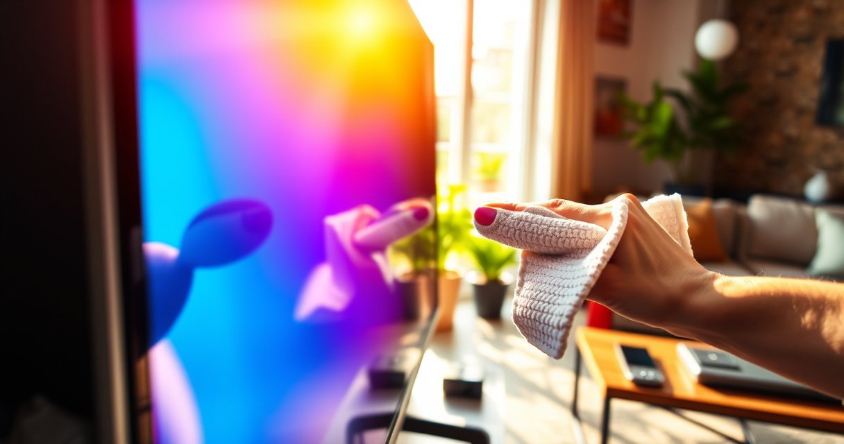 A close-up of a gleaming smart TV screen being gently cleaned with a soft microfiber cloth, warm sunlight streaming through a nearby window, reflecting vibrant colors from a lively living room. In the background, a cozy sofa, potted plants, and a coffee table with tech gadgets create a homey atmosphere, emphasizing the importance of care in maintaining tech.