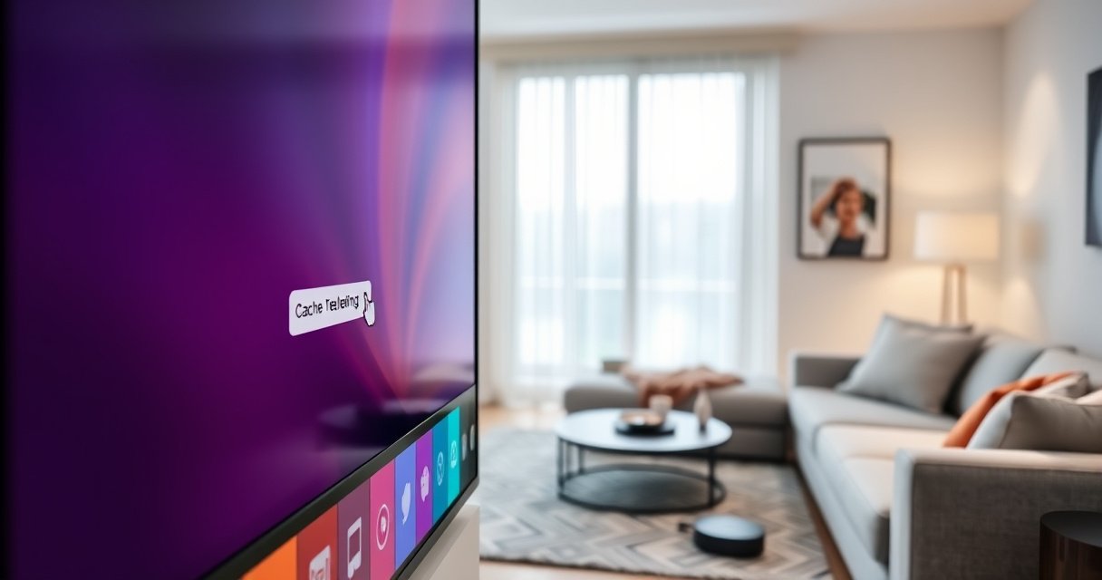 A close-up of a modern Samsung Smart TV displaying a vibrant, user-friendly interface with a highlighted cache-clearing option. The sleek, minimalist living room in the background features cozy furniture, soft lighting, and a hint of technology, like a remote control and streaming devices, creating a sense of ease and accessibility in digital maintenance.