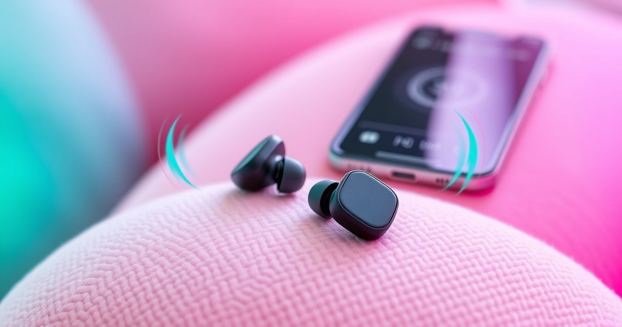 A close-up of sleek, modern 2boom wireless earbuds resting on a soft, textured surface, surrounded by playful soundwave graphics. Vibrant colors swirl around, symbolizing connectivity and music, with a faint outline of a smartphone in the background, displaying a pairing interface. The scene is bright and inviting, evoking a sense of effortless technology.