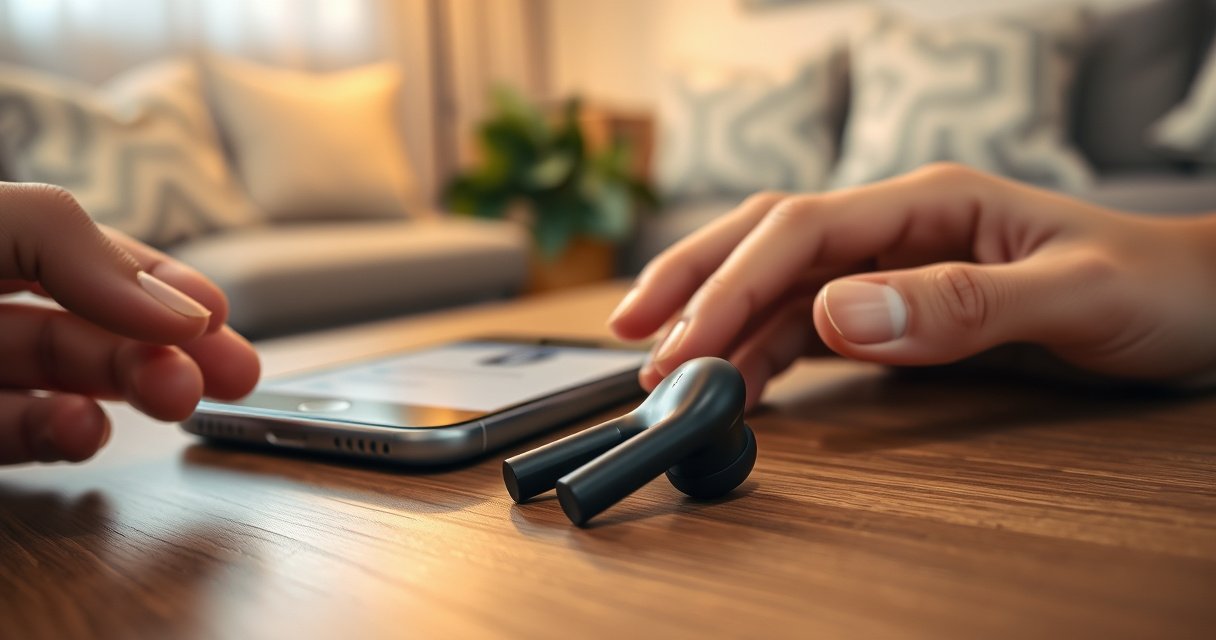 A close-up of sleek Amazon earbuds resting on a wooden table, surrounded by a smartphone displaying Bluetooth settings. Soft, warm light highlights the earbuds' glossy finish, with a hand gently reaching for them. In the background, a cozy living room setting with a hint of greenery enhances the inviting atmosphere, suggesting a seamless tech experience.