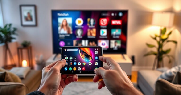 A sleek Android phone casting vibrant colors onto a modern smart TV screen, showcasing a visual connection of apps and media. The background features a cozy living room with soft lighting, a stylish couch, and ambient decor, while a user interacts with the phone, illustrating the seamless technology integration in daily life.