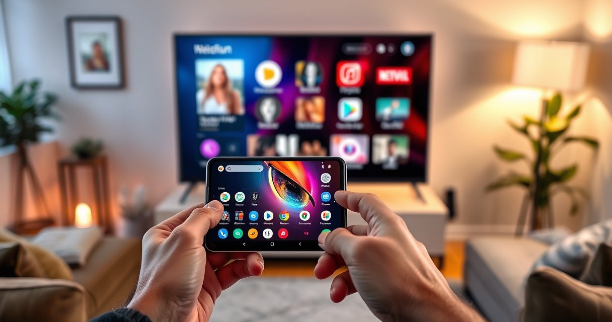 A sleek Android phone casting vibrant colors onto a modern smart TV screen, showcasing a visual connection of apps and media. The background features a cozy living room with soft lighting, a stylish couch, and ambient decor, while a user interacts with the phone, illustrating the seamless technology integration in daily life.