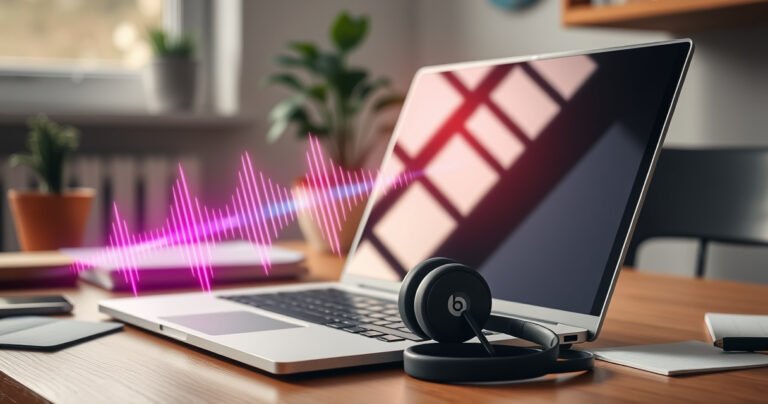 A cozy home workspace featuring a sleek laptop with Beats earbuds beside it, vibrant sound waves visually emitting from the earbuds, soft morning light streaming through a window, a potted plant in the background, and scattered notes on a wooden desk, creating an inviting atmosphere for tech-savvy readers looking to connect their devices effortlessly.