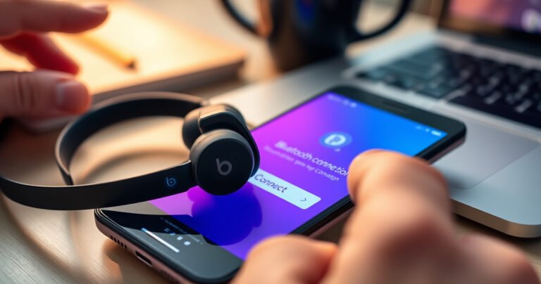 A sleek pair of Beats earbuds resting on a vibrant smartphone screen displaying a Bluetooth connection menu. Soft ambient lighting highlights the modern design of the earbuds, while a hand hovers nearby, poised to tap the "connect" button. A cozy, tech-savvy environment with blurred background elements like a laptop and coffee cup enhances the scene.