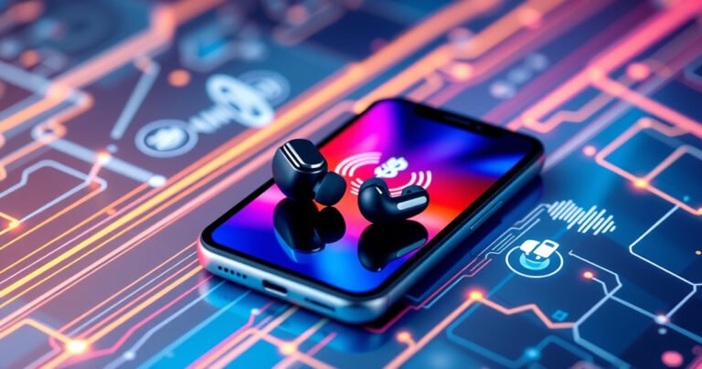 A sleek pair of Billboard wireless earbuds rests on a vibrant smartphone displaying a colorful, animated Bluetooth connection screen. Surrounding them are dynamic sound waves and digital icons symbolizing connectivity, all set against a modern, tech-inspired background with abstract shapes and glowing lines, emphasizing innovation and seamless technology interaction.