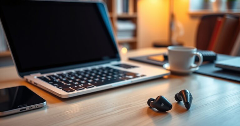 A sleek modern workspace featuring a stylish laptop with glowing Bluetooth icons, a pair of elegant wireless earbuds resting beside it, and a cozy ambiance created by warm lighting. Include subtle hints of technology, like a smartphone and a Bluetooth adapter, with a background of soft-focus bookshelves and a steaming coffee cup.