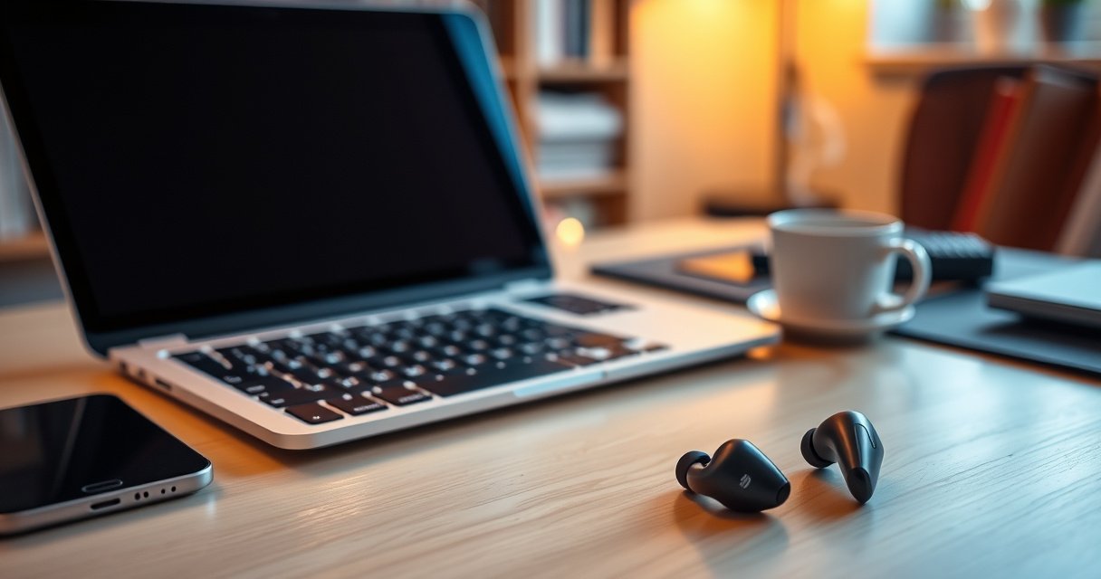 A sleek modern workspace featuring a stylish laptop with glowing Bluetooth icons, a pair of elegant wireless earbuds resting beside it, and a cozy ambiance created by warm lighting. Include subtle hints of technology, like a smartphone and a Bluetooth adapter, with a background of soft-focus bookshelves and a steaming coffee cup.
