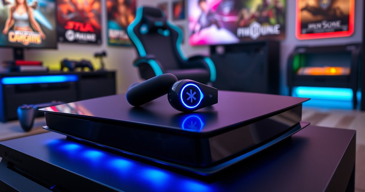 A sleek pair of modern Bluetooth earbuds resting on a glossy black PlayStation 5 console, glowing blue lights illuminating the room, surrounded by a vibrant gaming setup with colorful LED lights, an inviting gaming chair, and scattered game controllers, all set against a backdrop of dynamic gaming posters on the wall.