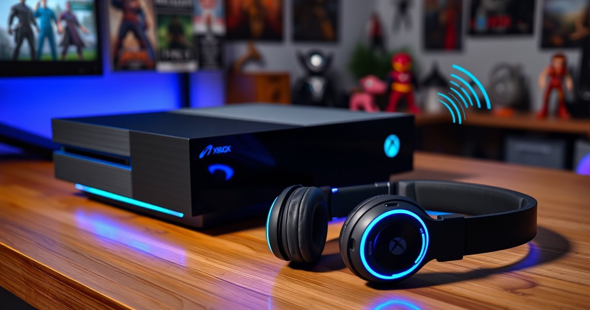A sleek, modern Xbox One console sits on a wooden gaming desk, illuminated by soft blue LED lights. Nearby, a pair of stylish Bluetooth earbuds rests on a vibrant gaming headset, with digital sound waves swirling around them, symbolizing the seamless connection. A cozy gaming atmosphere filled with posters and action figures enhances the scene.