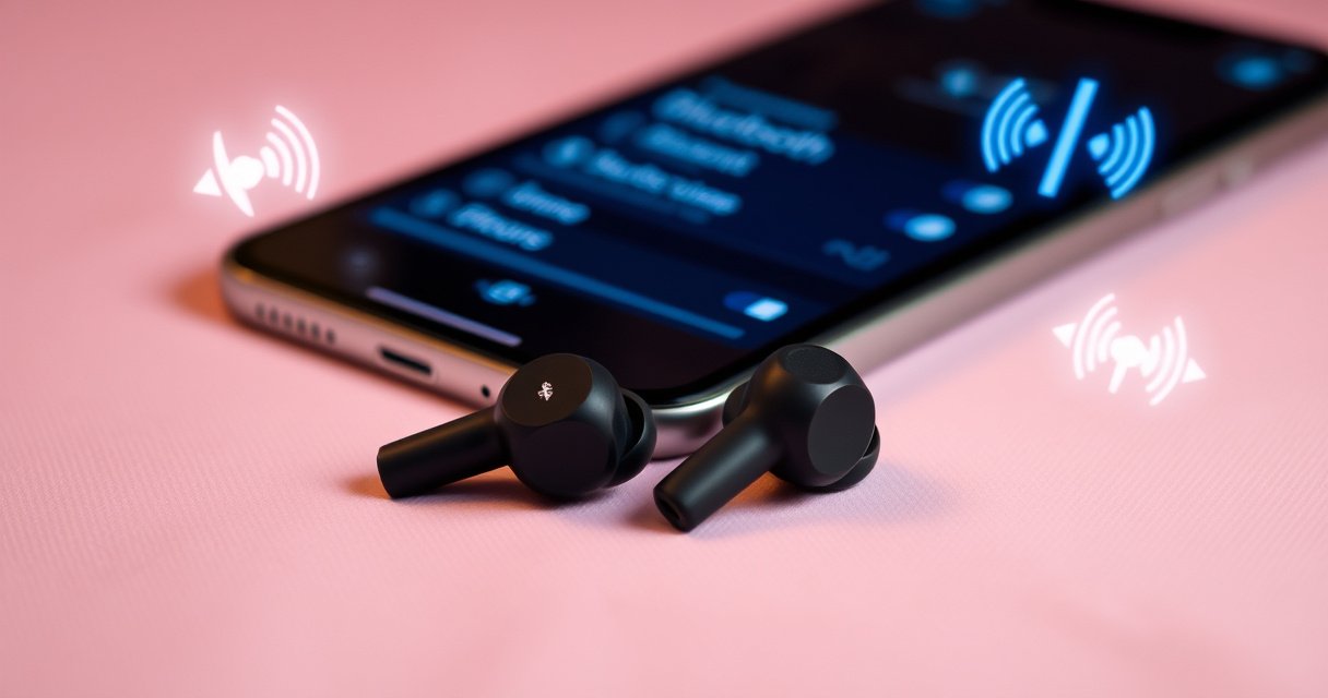 A close-up of sleek, modern Bluetooth earbuds resting on a soft, pastel-colored surface, with a glowing iPhone displaying its Bluetooth settings. Surrounding them are subtle tech-themed icons, like sound waves and connection signals, all illuminated with a warm, inviting light, conveying a sense of ease and sophistication in connecting devices.