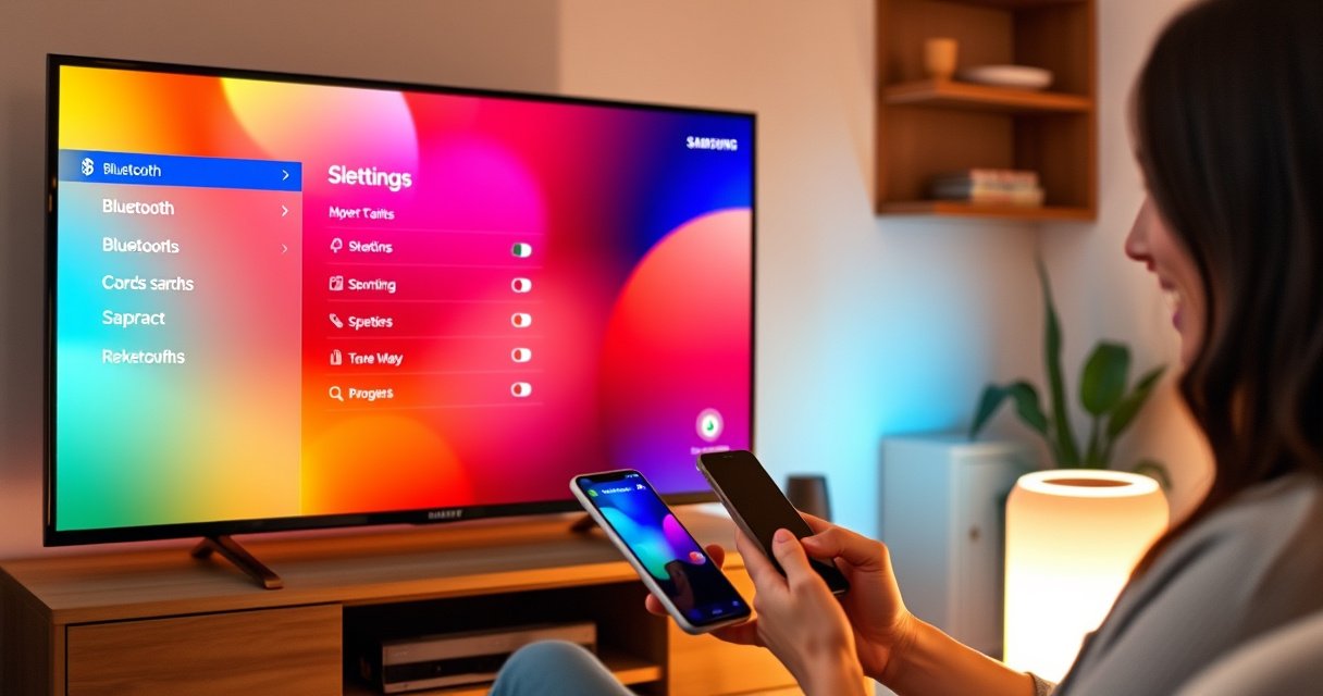 A sleek Samsung Smart TV displaying vibrant colors, an open Bluetooth settings menu on the screen, a modern Bluetooth speaker glowing softly beside it, surrounded by cozy living room decor, warm ambient lighting, and a person joyfully tapping their smartphone, connecting the devices effortlessly, conveying a sense of modern technology and seamless connectivity.