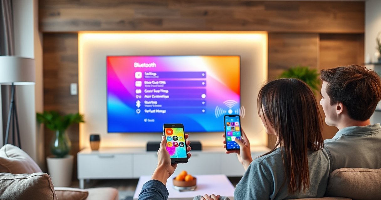 A modern living room featuring a sleek smart TV with a vibrant screen displaying Bluetooth settings, surrounded by cozy furniture. An excited family member holds a smartphone, ready to connect, while colorful sound waves visually emanate from the TV, representing wireless connectivity. Bright ambient lighting enhances the inviting atmosphere, emphasizing technology in everyday life.