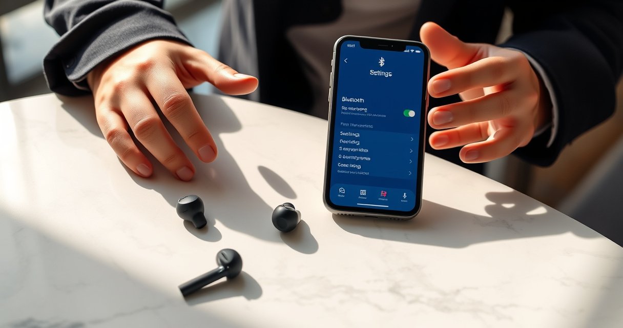 A sleek pair of Bose earbuds resting on a soft, white marble surface, surrounded by an elegant iPhone displaying a vibrant Bluetooth settings screen. Soft natural light filters in, casting gentle shadows, while a stylish pair of hands gestures towards the phone. Background features subtle hints of modern technology, creating an inviting and tech-savvy atmosphere.