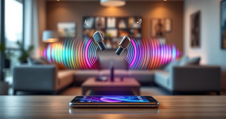 A sleek pair of wireless earbuds floating above a modern smartphone, surrounded by vibrant sound waves radiating in various colors. The background features a blurred, stylish living room setting, evoking a sense of ease and connectivity. Soft ambient lighting enhances the futuristic theme, while subtle icons of Bluetooth connectivity appear in the air, symbolizing seamless pairing.