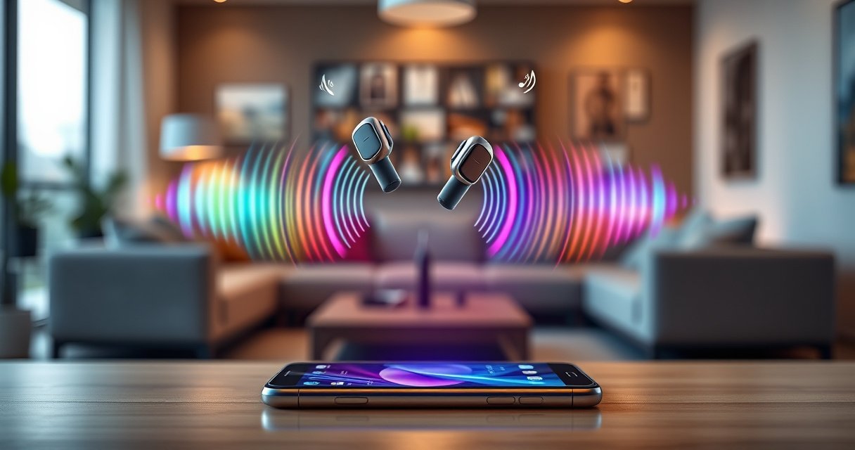 A sleek pair of wireless earbuds floating above a modern smartphone, surrounded by vibrant sound waves radiating in various colors. The background features a blurred, stylish living room setting, evoking a sense of ease and connectivity. Soft ambient lighting enhances the futuristic theme, while subtle icons of Bluetooth connectivity appear in the air, symbolizing seamless pairing.